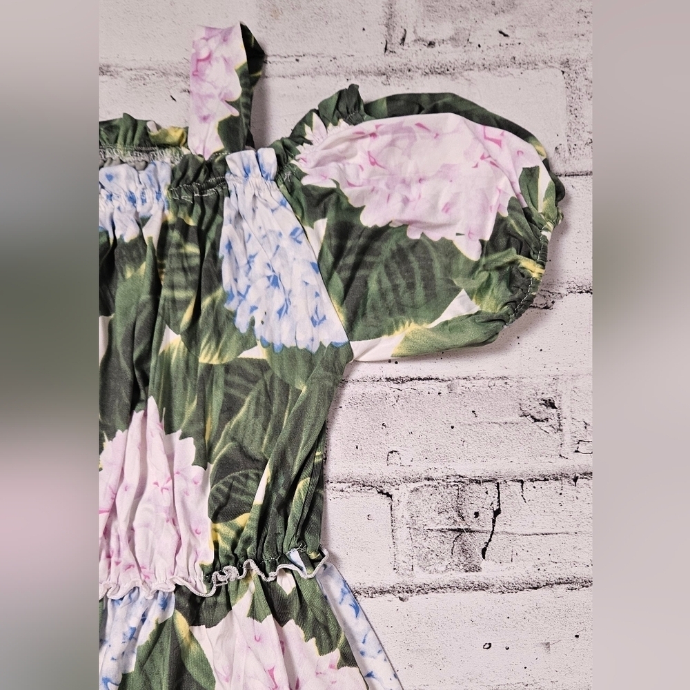 HQ Fashion Green Floral Hydrangea Dress Puff Sleeve Ruffle Hem L - Picture 6 of 12